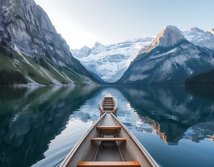 Canoes on a serene mountain lake, reflecting the majestic peaks.