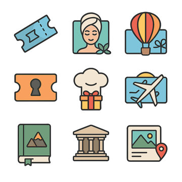 Experience Gift Icons. Flat icon set of experience-based gifts: concert ticket, spa day voucher, hot air