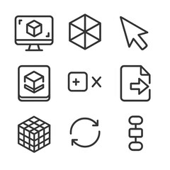 Plakat Design Software Icon Set. Outline icon set of design software workflow: CAD monitor, 3D wireframe model, mouse cursor, slicing