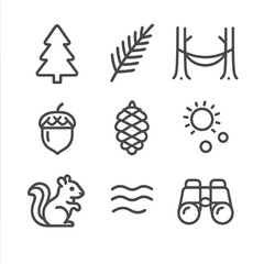 Forest Retreat Icons. Outline icon set of forest hammock retreat: woodland tree, fern leaf, hammock between trunks, chipmunk,