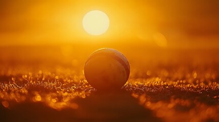 A ball rests on the ground at sunset.
