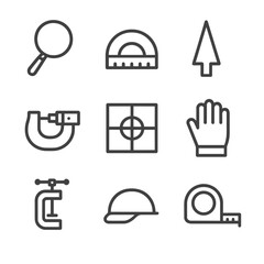 Precision Tool Icons. Outline icon set of precision sharpening tools: magnifying glass, angle protractor, tip gauge, micrometer,