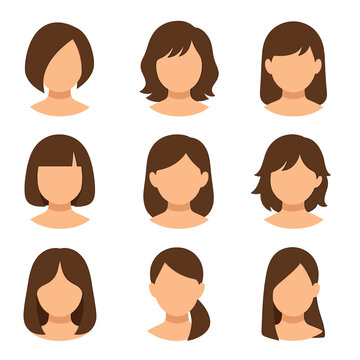 Haircut Style Icons. Flat icon set of women&rsquo;s haircut styles post-comb: angled bob, layered waves, pixie crop,
