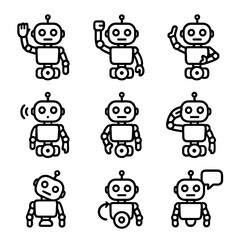 Obraz premium Robot Action Icons. Outline icon set of robot actions and gestures: wave hand, fist pump, dance move, salute, beep sound, eye