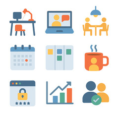 Hybrid Work Icons. Flat icon set of hybrid work benefits: home office desk, video call, shared workspace,