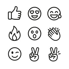 Fototapeta premium Selfie Reaction Icons. Outline icon set of selfie reaction icons: like thumbs-up, heart eyes, laugh-tear face, fire flame,