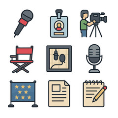 Media Icons Grid. Flat icon set of celebrity interviews and media: microphone, press badge, camera crew,