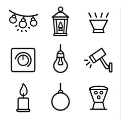 Surprise Lighting Icons. Outline icon set of surprise lighting and ambiance: fairy lights, lantern, uplight, dimmer switch, string
