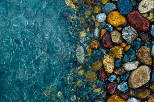 The crystal-clear blue sea gently laps against the smooth pebbles on its sunlit shores, creating a calm and picturesque coastal scene.