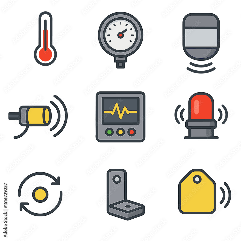 Poster industrial sensor icons. flat icon set of industrial sensors and feedback loops: temperature sensor,