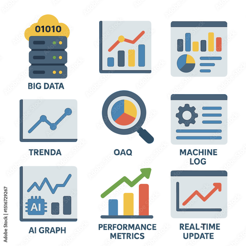 Poster industry 4.0 icons. flat icon set of data analytics in industry 4.0: big data server, data visualiza