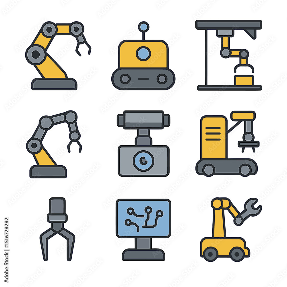 Poster industry 4.0 robotics icons. flat icon set of robotics in industry 4.0: robotic arm, mobile robot,