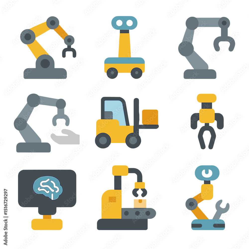 Poster industry 4.0 robotics icons. flat icon set of robotics in industry 4.0: robotic arm, mobile robot,