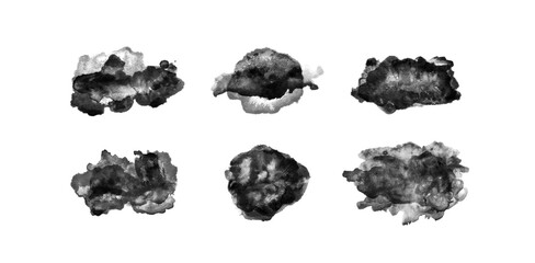 Dark artistic brush stains in raster style with rough blot patterns, ideal for gothic designs, abstract zine aesthetics, visual grunge kits, or eerie hand-drawn overlays