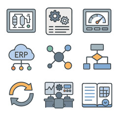Industrial Software Icons Grid. Flat icon set of industrial software systems: SCADA screen, MES system icon,