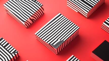 Abstract geometric shapes with striped patterns on a red background.
