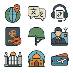 International Correspondent Icons. Flat icon set of international correspondents: globe with pin, foreign