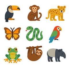 Naklejka premium Jungle Wildlife Icons. Flat icon set of jungle wildlife: toucan, monkey, jaguar, butterfly, snake, parrot,