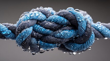 A detailed shot of a blue rope knot, glistening with water droplets, symbolizing strength, connection, and resilience in the face of challenges