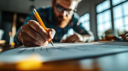 A focused bearded man is seen sketching on a sheet of paper in a well-lit studio, emphasizing creativity, concentration, and the artistic process in a constructive environment.