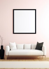 White framed poster in mockup style hanging from the wall