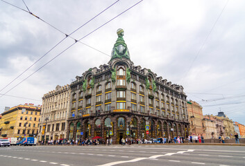 St. Petersburg, Russia - 01 June 2025: View of the building of the Zinger company on Nevsky Prospekt, the office of the social network "VKontakte" and the Book House