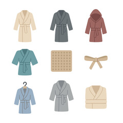 Robe Icon Set. Flat icon set of robe and loungewear icons: bathrobe, dressing gown, hooded robe, kimono robe,