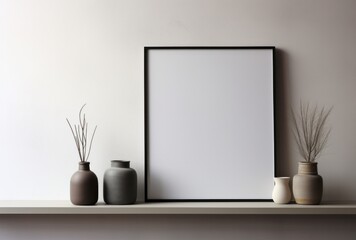 White framed poster in mockup style hanging from the wall