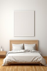 White framed poster in mockup style hanging from the wall