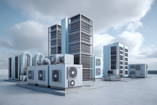 A digital concept showcasing HVAC units installed outdoors, with modern air conditioning systems working to provide cooling solutions for large buildings