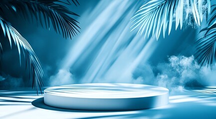 Empty circular podium surrounded by rich tropical plants, palm trees. Tropical plants create natural background for product demonstrations. Ideal for new products eco-friendly brands. Generative AI.