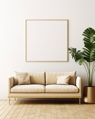 White framed poster in mockup style hanging from the wall