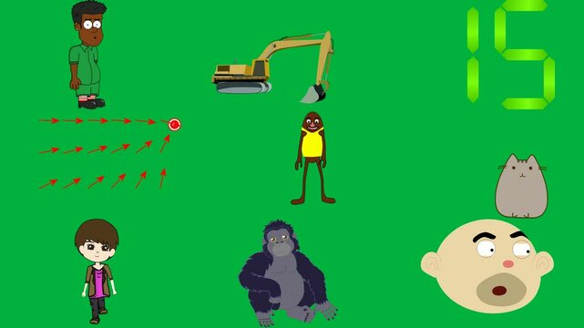cartoon character green shirt red socks exor exora digital clock background screen arrows it standing front white purple black pants gorilla sitting mans face middle cat is brown jacket .