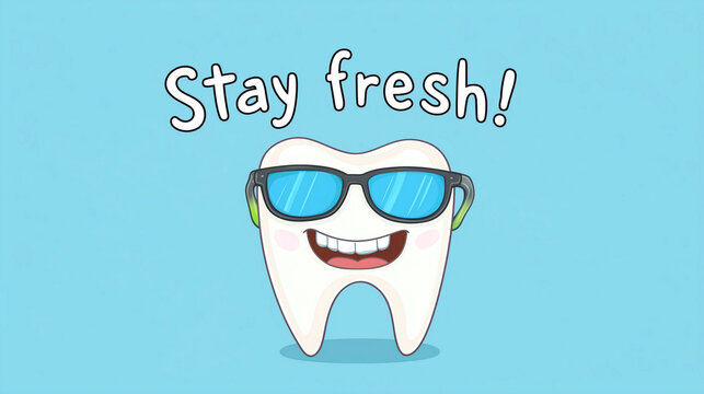 Funny cartoon tooth wearing sunglasses encourages oral health with a cheerful message to stay fresh