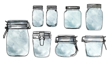 Glass jars for jams and fermented vegetables. Kitchen tools and equipment. Ink and watercolor drawing on white background.