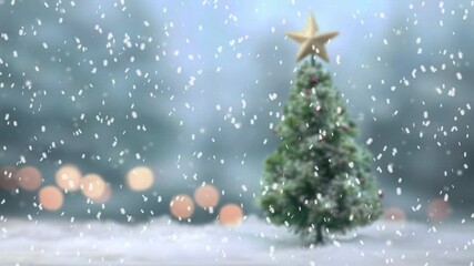 Snowy winter weather in the forest. Wind blows snow from fir tree branches, snowfall. Winter is coming. Slow motion, 4K. Christmas tree concept. - Powered by Adobe