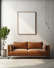 White framed poster in mockup style hanging from the wall