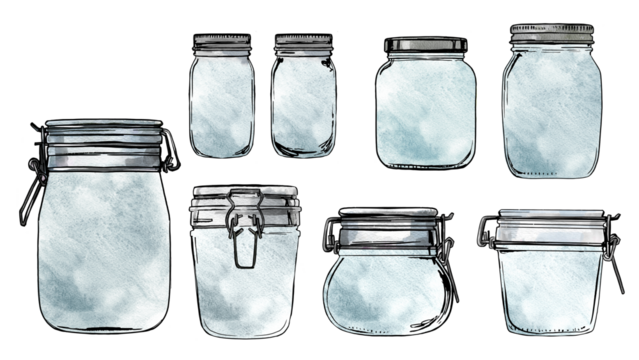 Glass jars for jams and fermented vegetables. Kitchen tools and equipment. Ink and watercolor drawing on white background.