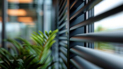 A modern office scene featuring sleek blinds, lush greenery, and soft, diffused natural light filtering through the windows to create a refreshing atmosphere.