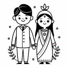 Bengali wedding couple vector line art