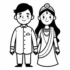 Bengali wedding couple vector line art