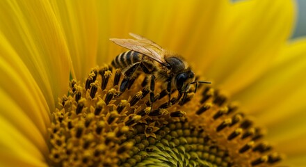 A close up view of a bee collecting pollen from a vibrant yellow sunflower in a natural setting