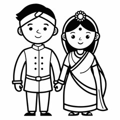 Bengali wedding couple vector line art