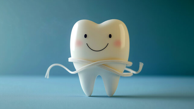 Happy anthropomorphic floss character wrapping around a cheerful tooth in a bright setting for dental hygiene awareness