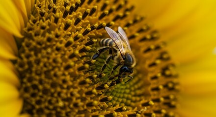 A close up of a bee on a sunflower gathering pollen with its wings slightly spread in the sunlight
