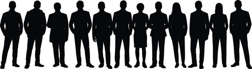 Business people silhouettes standing in row, office professionals team, men and women, vector illustration for corporate design and presentations