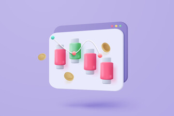 3D stock trading graph report for statistic in bubble icon. Sell and buy money cash and exchange with finance business failure, analyzing investment. 3d bank trading icon vector render illustration
