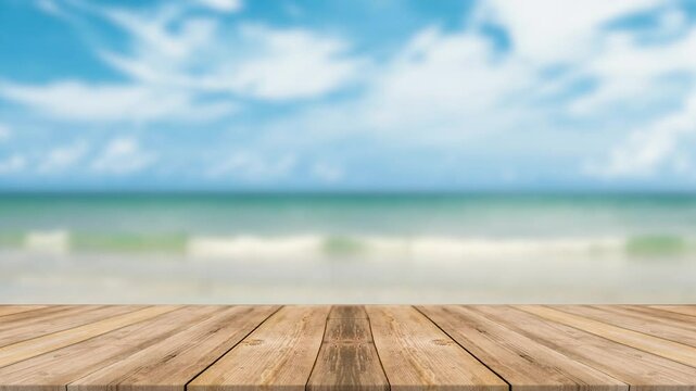 empty wooden table against the blurred ocean beach background, product display stand, 3d mockup, video footage