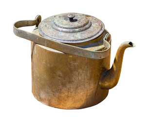 An old brass teapot on a white