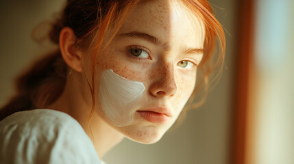 Teenage girl with freckles applying skincare while looking at herself in the mirror during warm afternoon light